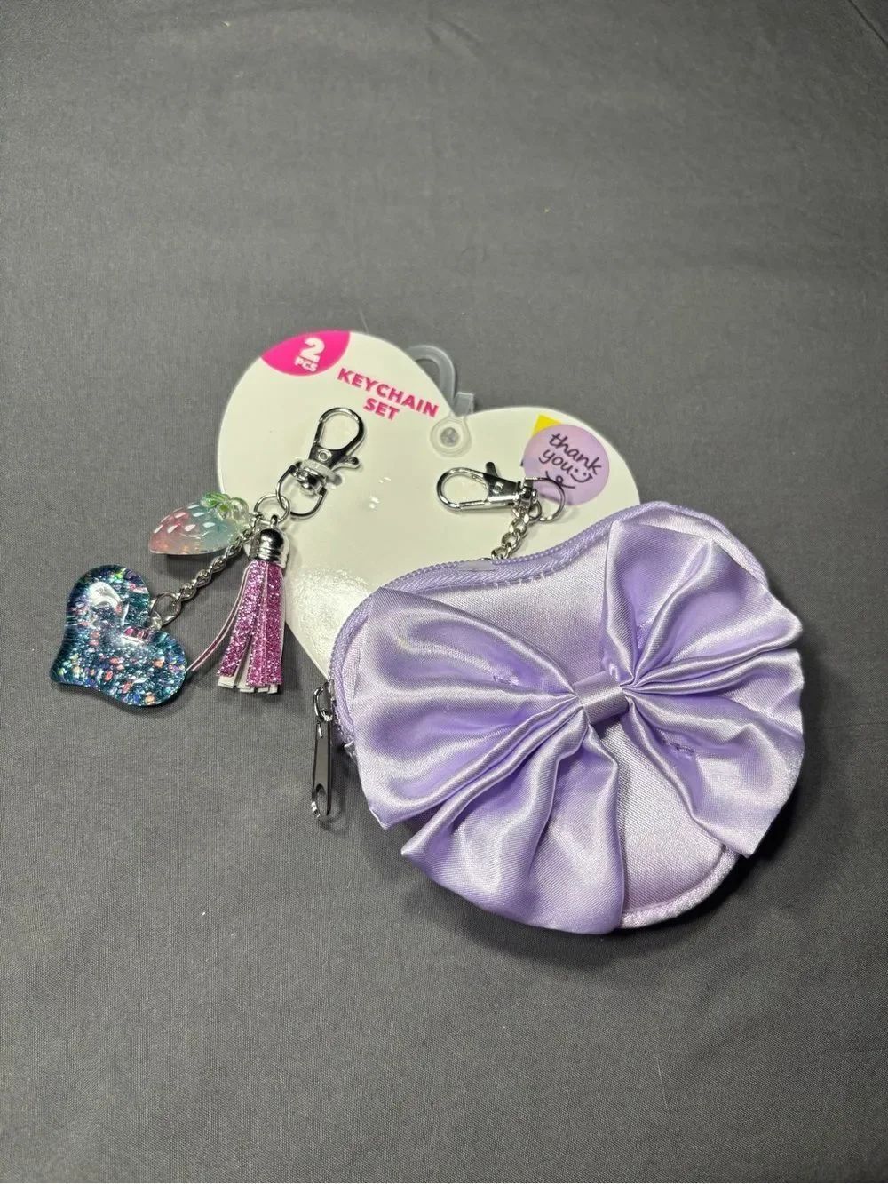 2 pcโNew Lavender Bow Coin Purse with Charm Keychain Set